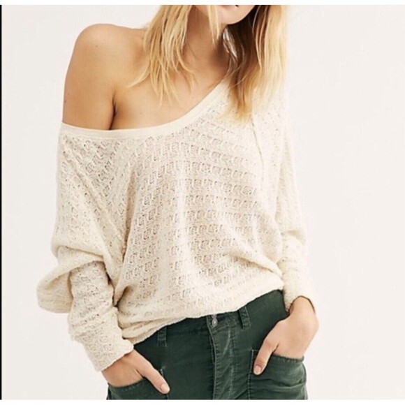 Free people Thermal Top Women's Medium Ivory Thien’s Hacci Boho Hippie Sweater - Picture 2 of 13